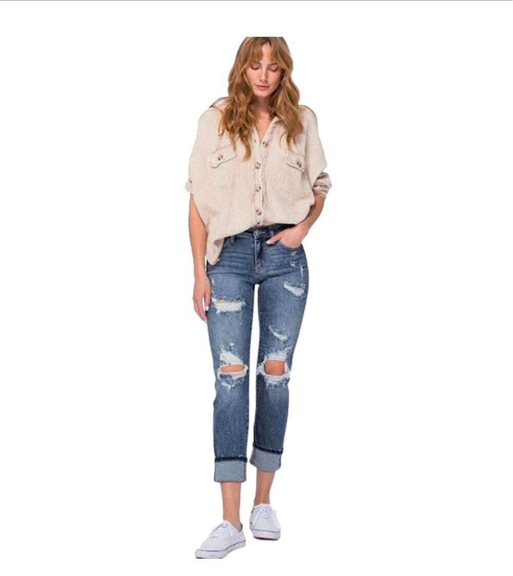 Judy Blue Mid Rise Cuffed Boyfriend Beach Splash Jeans 5/27